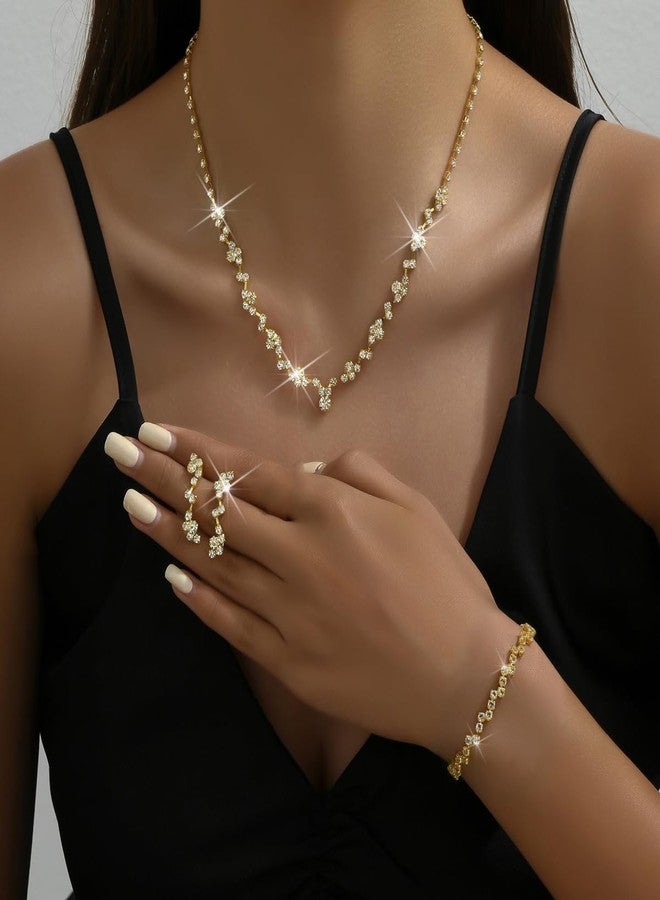 Cicod Prom Earrings Necklace Bracelet Set Elegant Crystal Rhinestone Necklace Earrings Bracelet Bridal Wedding Prom Dresses Costume Outfit Gold Jewelry Sets for Women (Gold) - Image 2